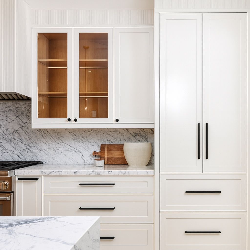 White shaker cabinets with oak-lined glass uppers and a tall pantry
