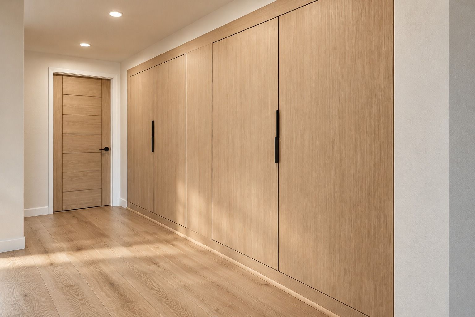 Hallway lined with full-height white oak wardrobe cabinetry